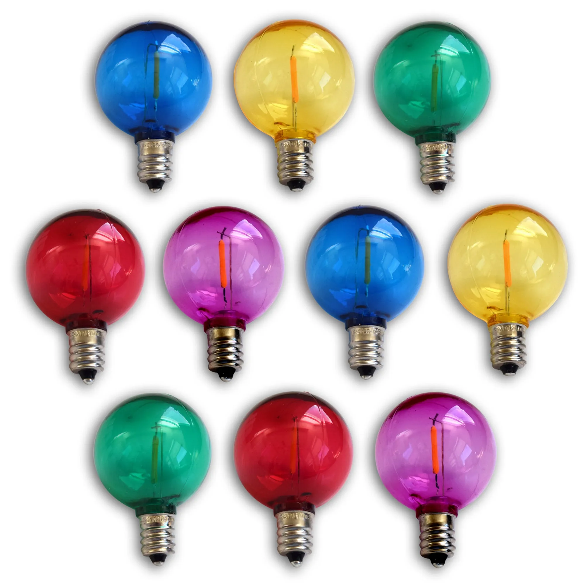 10-PACK Multi-Color LED Filament G40 Globe Shatterproof Energy Saving Color Light Bulb, Dimmable, 1W,  E12 Candelabra Base