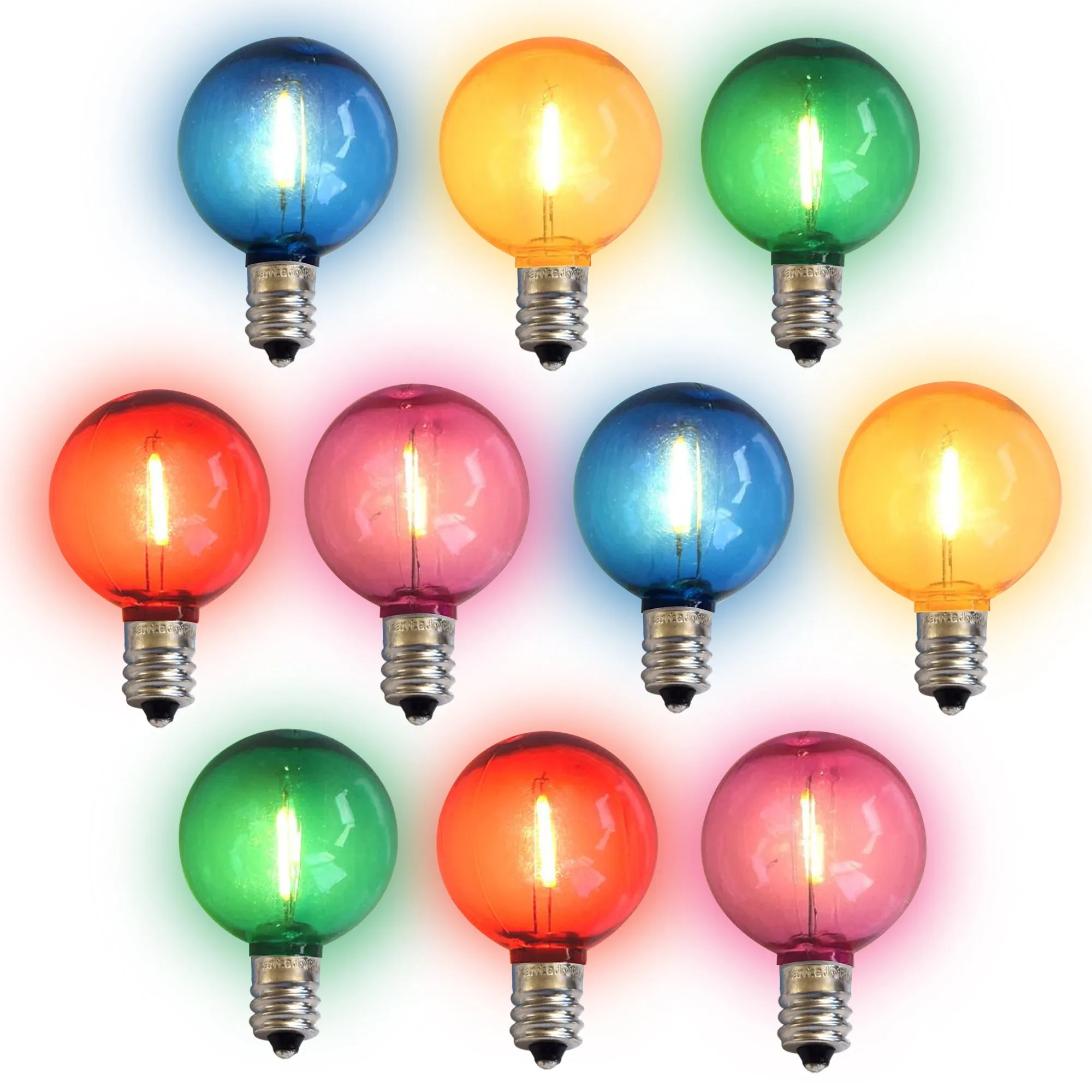 10-PACK Multi-Color LED Filament G40 Globe Shatterproof Energy Saving Color Light Bulb, Dimmable, 1W,  E12 Candelabra Base