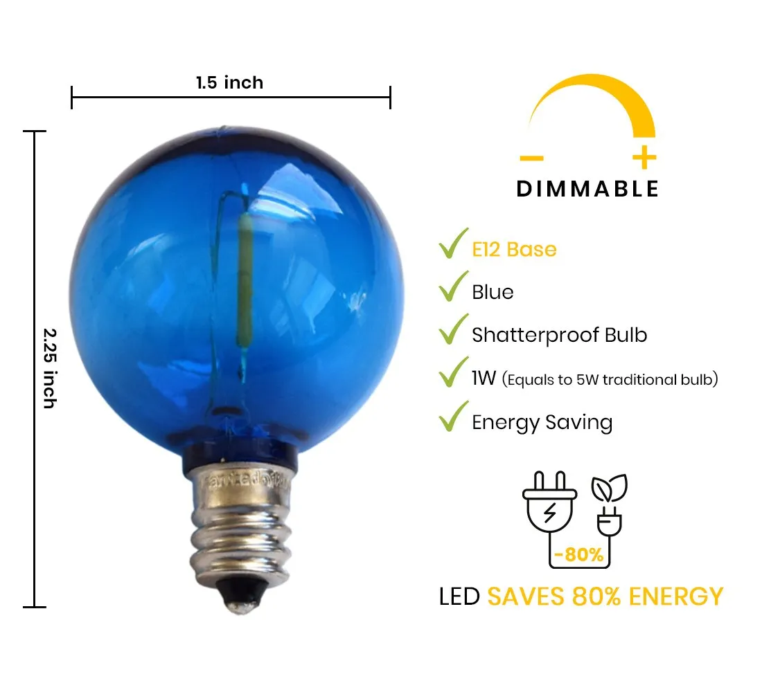 10-PACK Multi-Color LED Filament G40 Globe Shatterproof Energy Saving Color Light Bulb, Dimmable, 1W,  E12 Candelabra Base