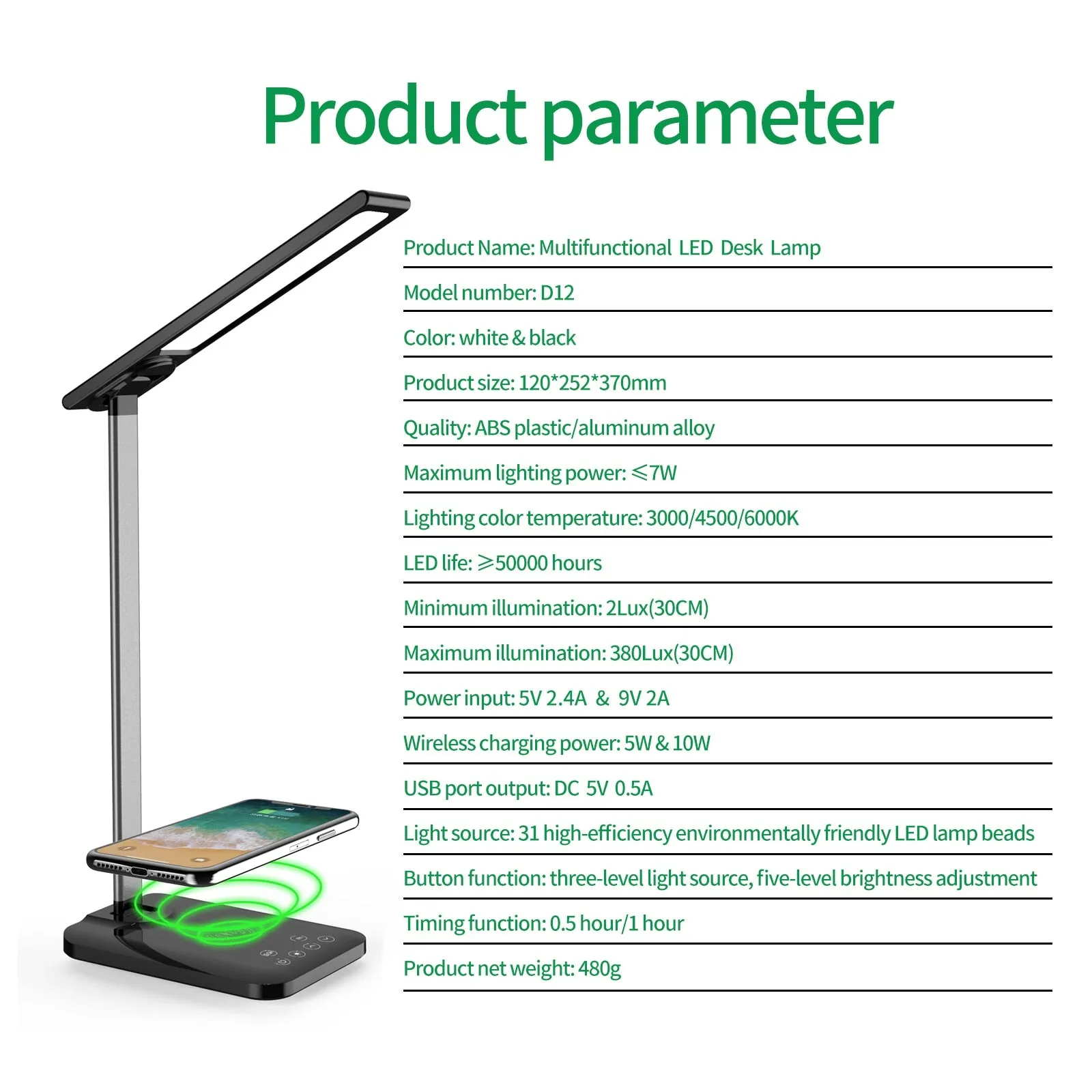 10W LED Desk Lamp with phone Wireless Charger, USB Charging Port, Dimmable Eye-Caring Office Lamp for Work,  Folding Design