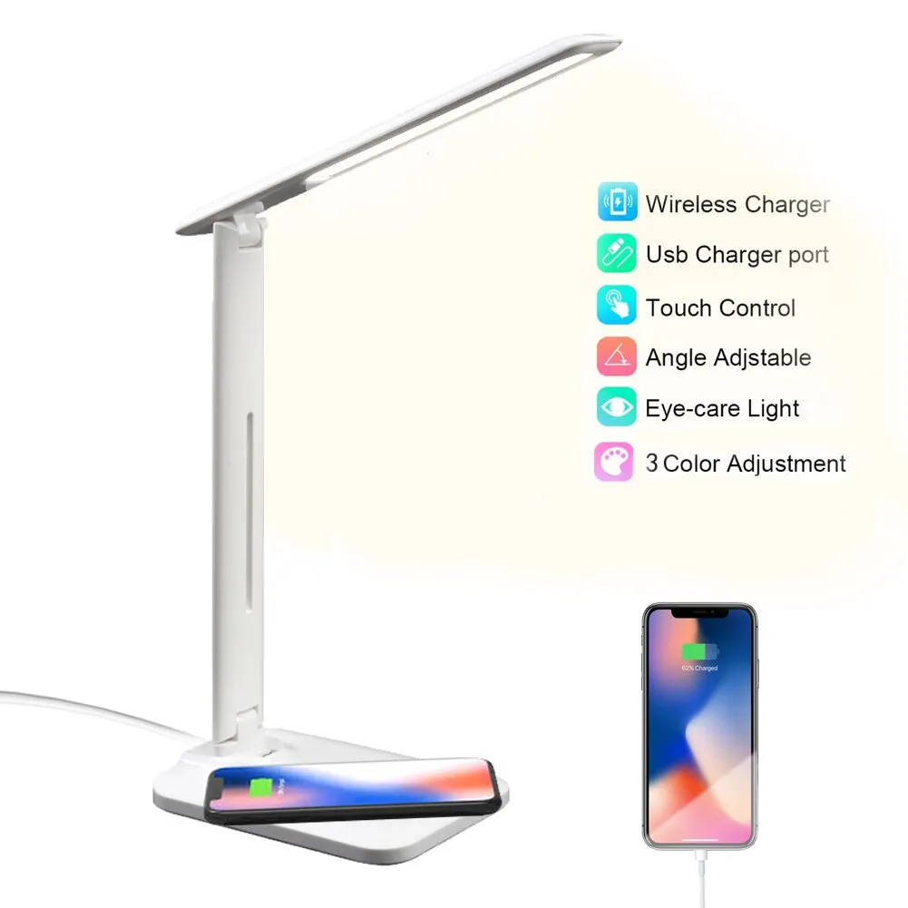 10W LED Desk Lamp with phone Wireless Charger, USB Charging Port, Dimmable Eye-Caring Office Lamp for Work,  Folding Design