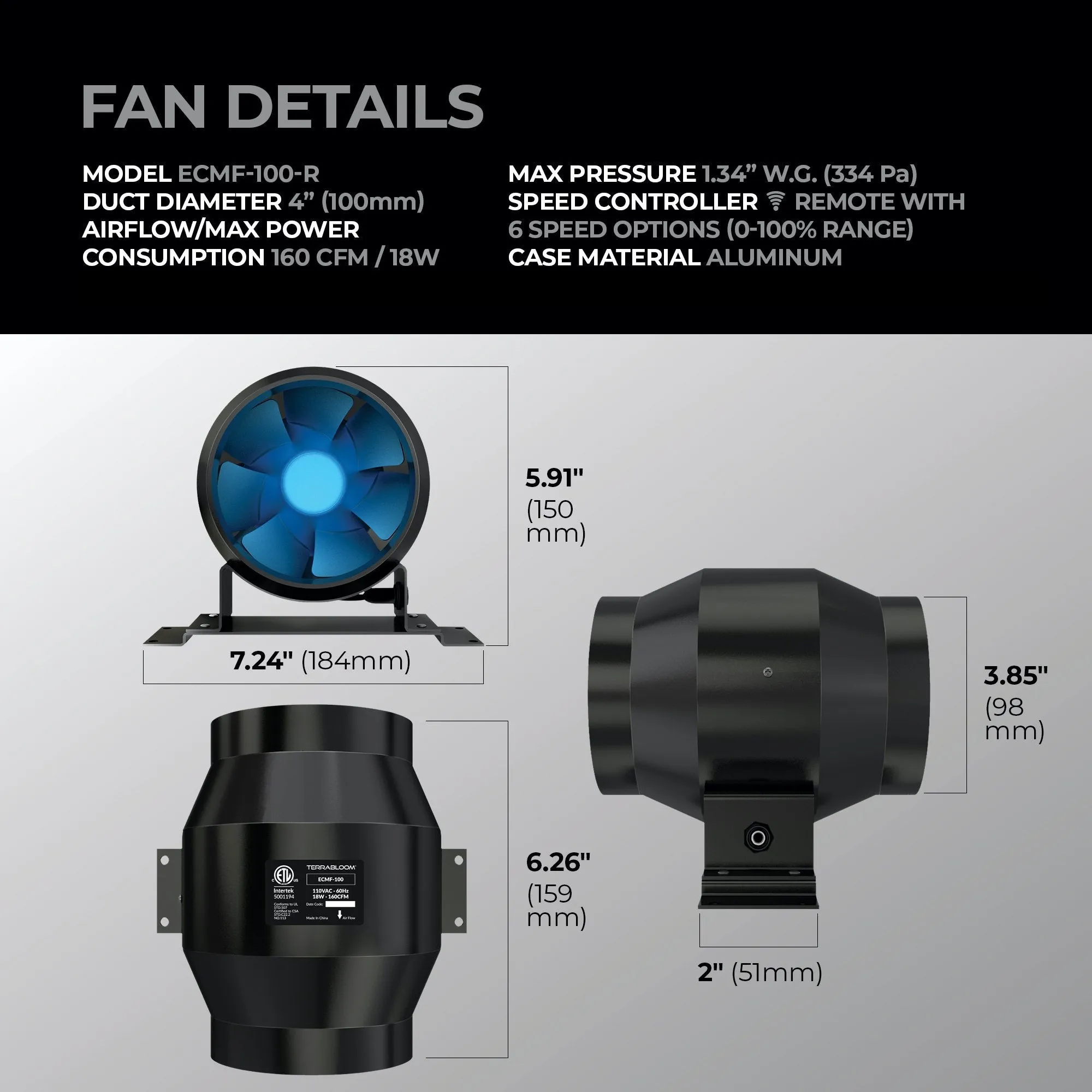 [2019 Model] TerraBloom 4" Inline Duct Fan, ECMF-100-R, 141 CFM, 21W