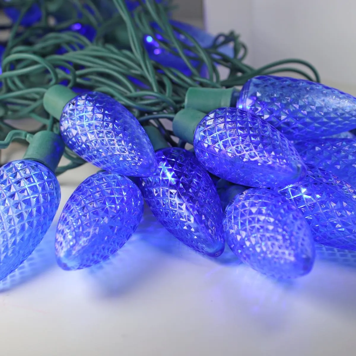 25-light C9 Blue LED Christmas Lights, 8" Spacing Green Wire