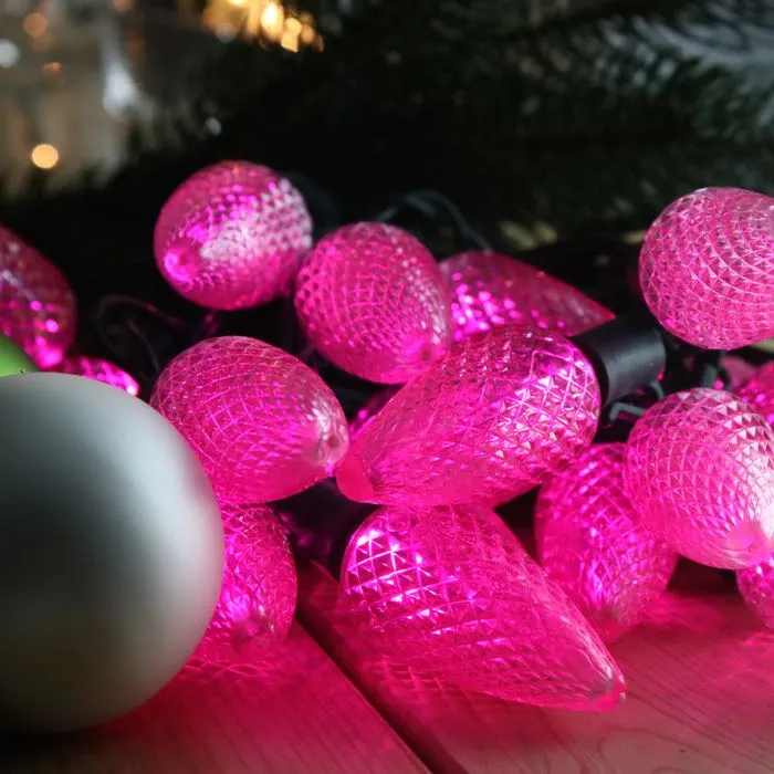 25-light C9 Pink LED Christmas Lights, 8" Spacing Green Wire