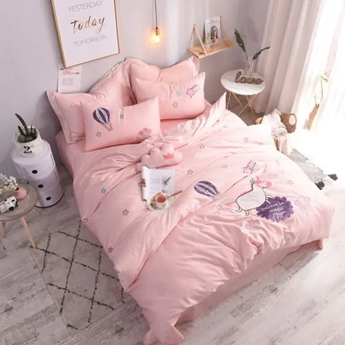 3/4Pcs Luxury Egypt Cotton Embroidered Cute Cartoon Unicorn Bedding Set