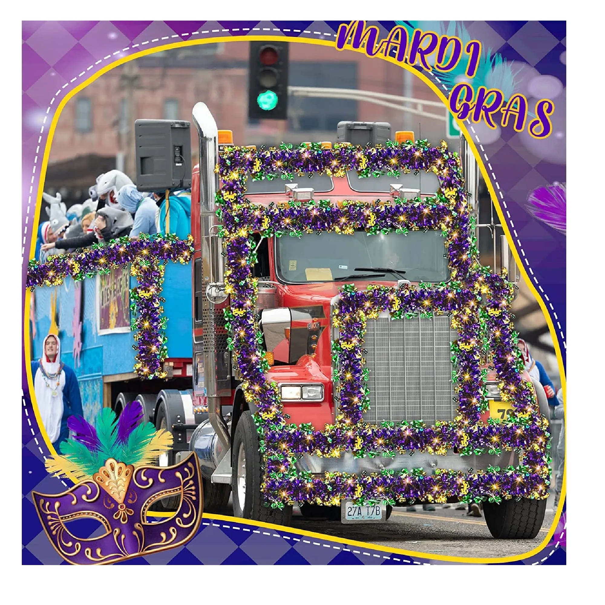 39.4Ft Christmas Mardi Gras Garland with 120 LED Lights Mardi Gras Decorations For Tree Mardi Tinsel Garland