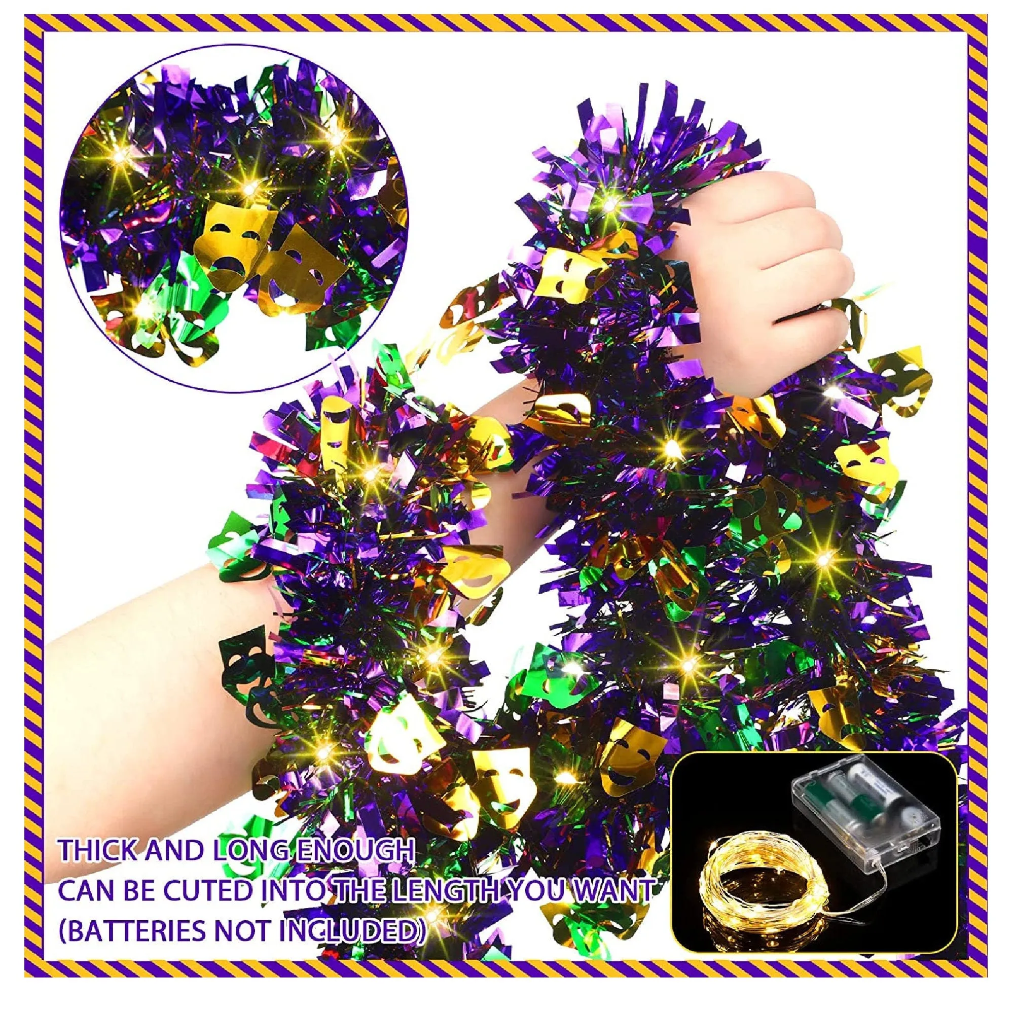 39.4Ft Christmas Mardi Gras Garland with 120 LED Lights Mardi Gras Decorations For Tree Mardi Tinsel Garland