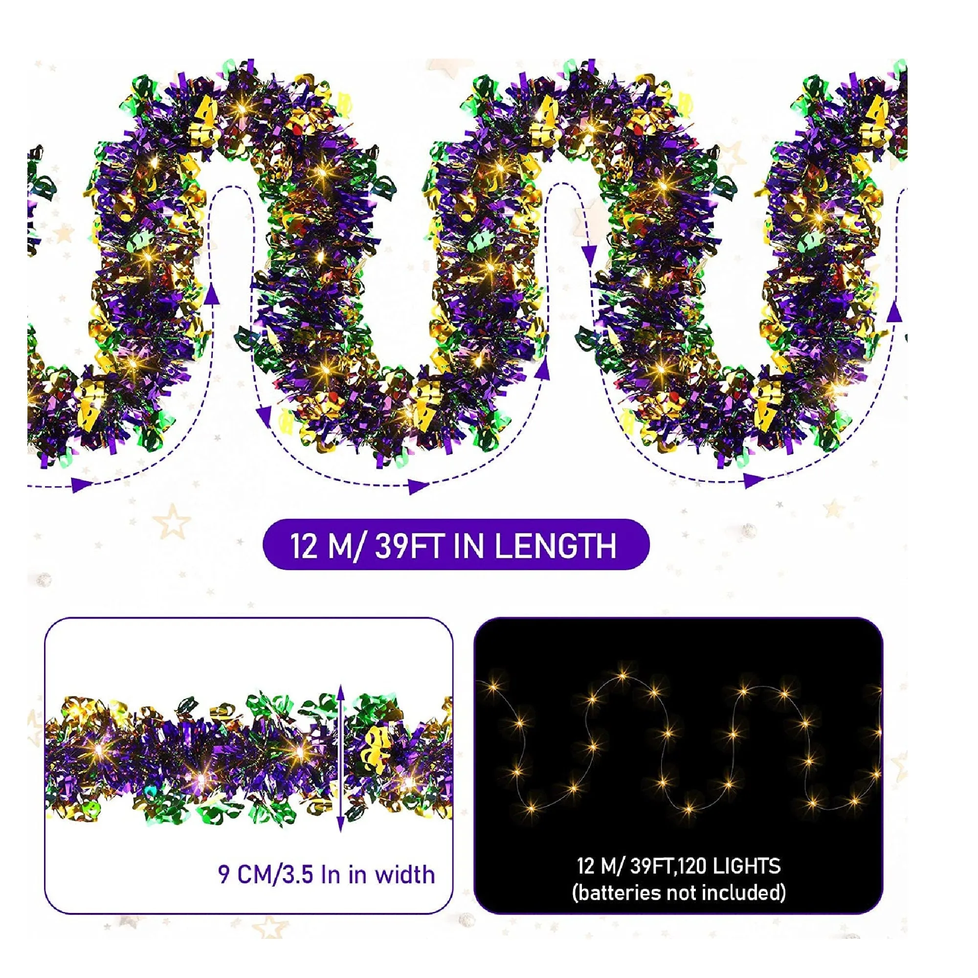 39.4Ft Christmas Mardi Gras Garland with 120 LED Lights Mardi Gras Decorations For Tree Mardi Tinsel Garland