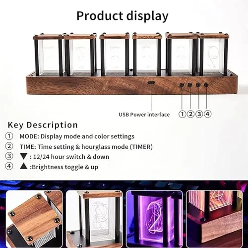 3NH® Nixie Tube Clock Electronic, LED Glow Simulation Retro Modern Wooden 16 Million Colors,Multiple Light Mode Adjustment, 5V USB Powered Home Decoration GIF 4pcsRgb