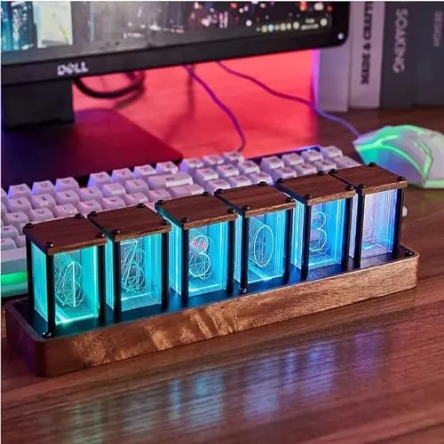 3NH® Nixie Tube Clock Electronic, LED Glow Simulation Retro Modern Wooden 16 Million Colors,Multiple Light Mode Adjustment, 5V USB Powered Home Decoration GIF 4pcsRgb