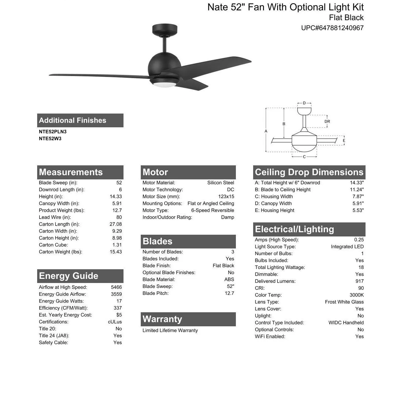 52" Nate in Flat Black Finish, Flat Black Blades, Light kit included (Optional), WiFi Control