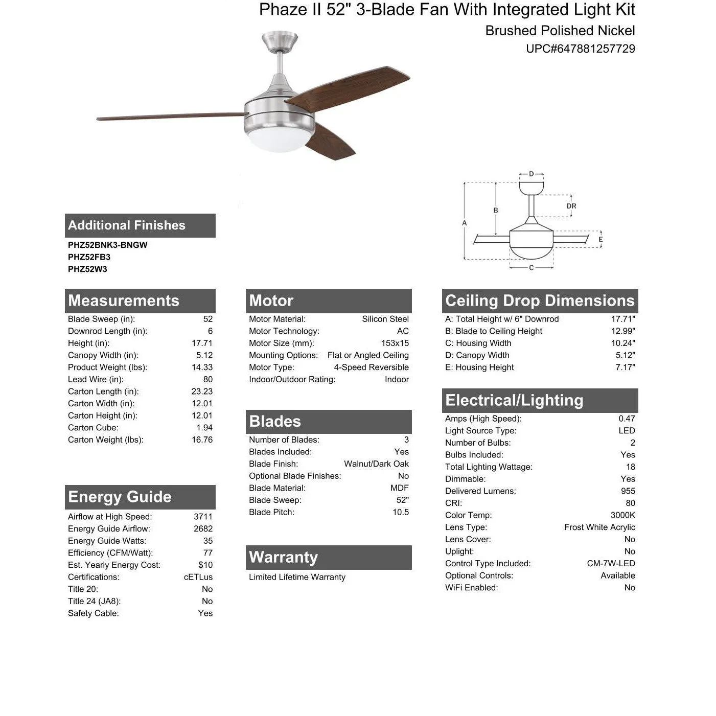 52" Phaze II 3-Blade in Brushed Polished Nickel w/ Walnut/Dark Oak Blades