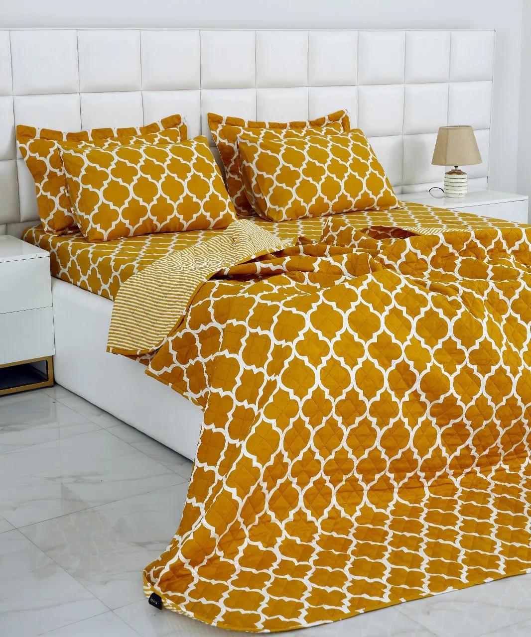 6 PCs Bed Spread Set-Mustard Geometric