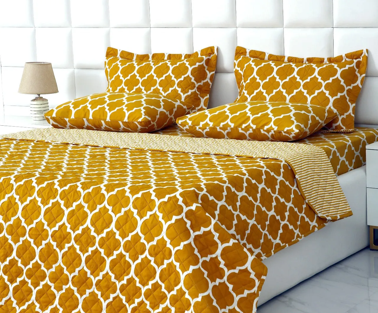 6 PCs Bed Spread Set-Mustard Geometric