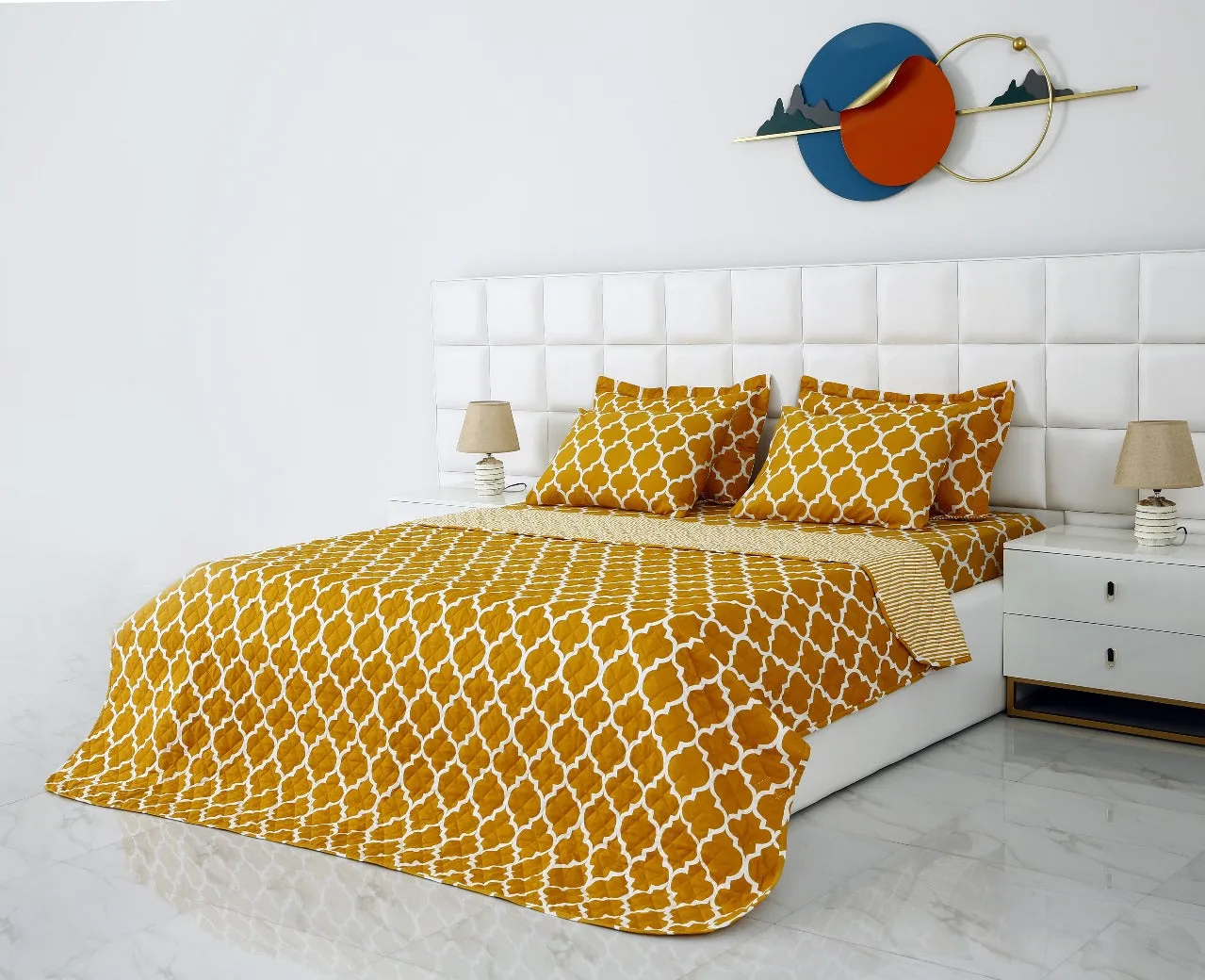 6 PCs Bed Spread Set-Mustard Geometric