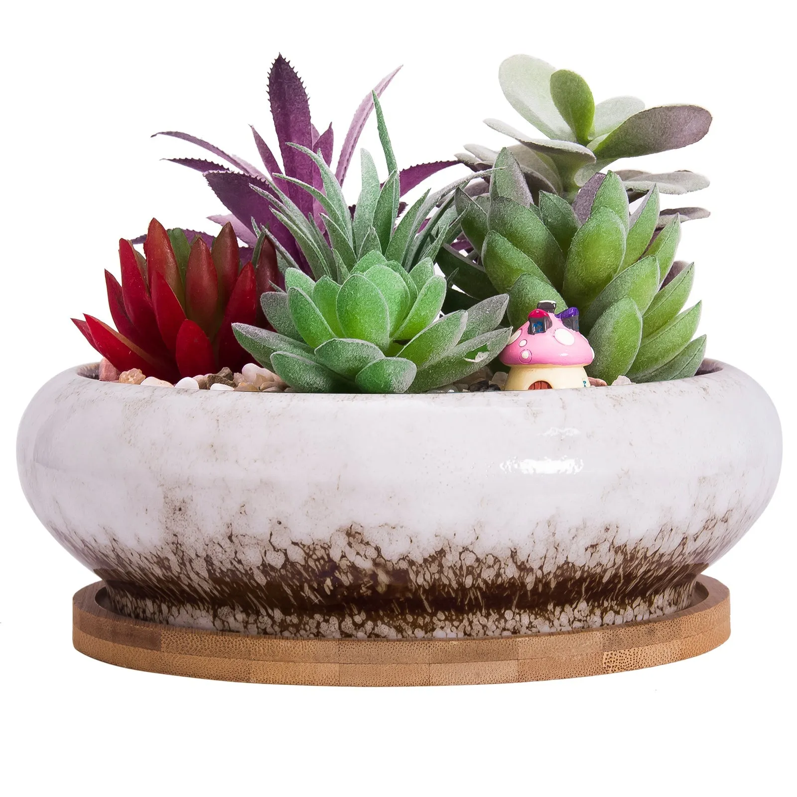 7.3 inch Round Succulent Planter Pots with Drainage Hole Bonsai Pots Garden Decorative Cactus Stand Ceramic Glazed Flower Container Blue, with Bamboo Tray