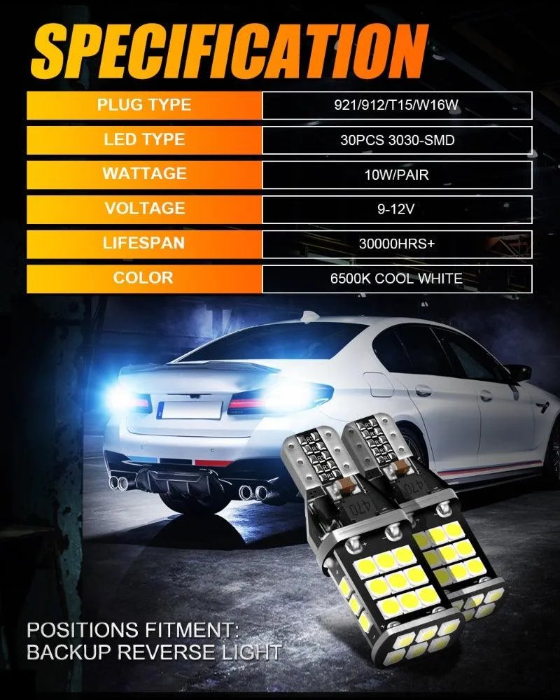 912 921 T15 W16W LED Back-up/Brake/Tail Light Bulbs 10W 300% High Brightness CAN-Bus Error Free 6500K White | 2 Bulbs