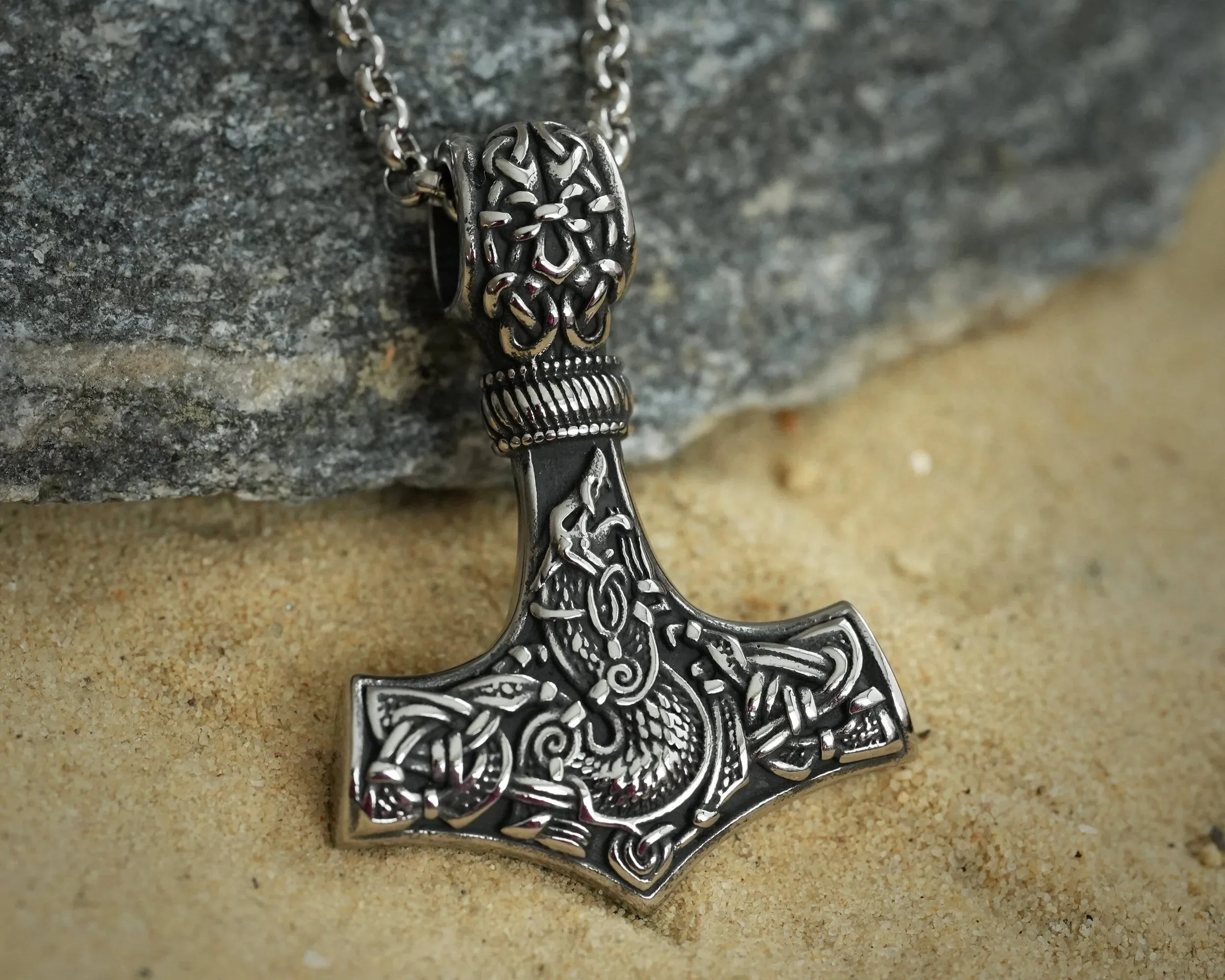 925 Sterling Silver Viking Wolf Fenrir Thor Hammer Thors Mjölnir Mjolnir Necklace Pendant