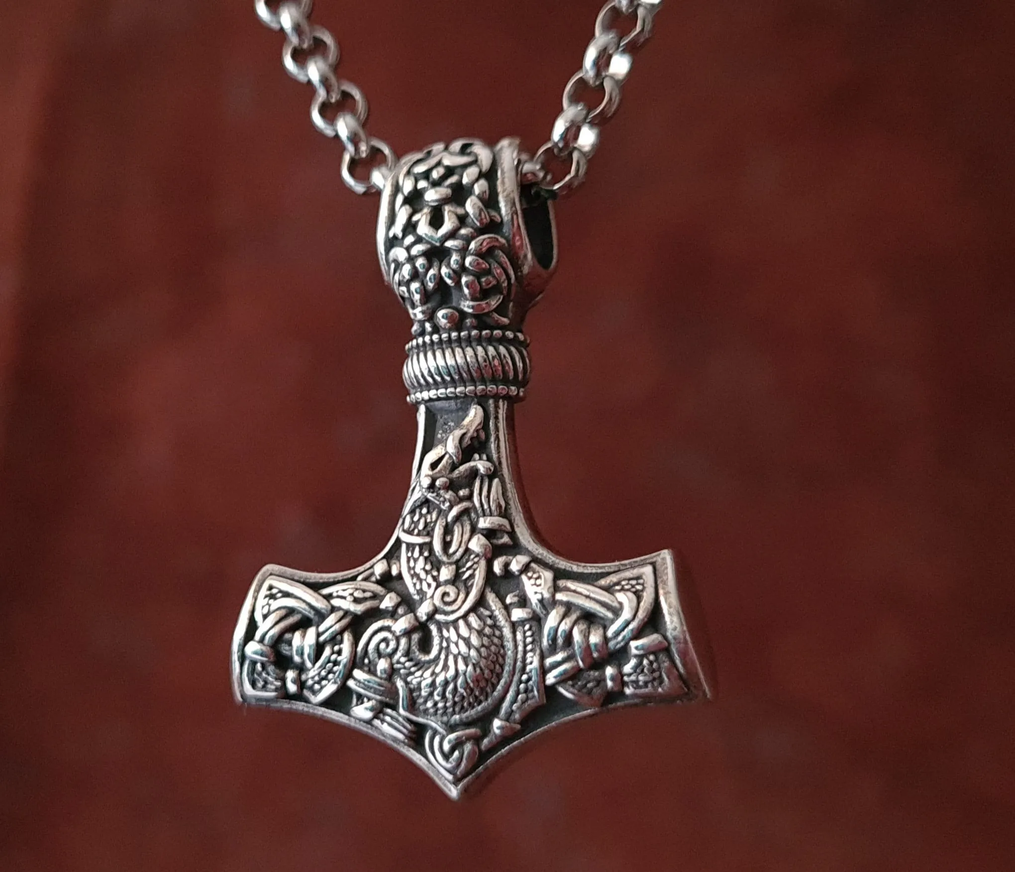 925 Sterling Silver Viking Wolf Fenrir Thor Hammer Thors Mjölnir Mjolnir Necklace Pendant