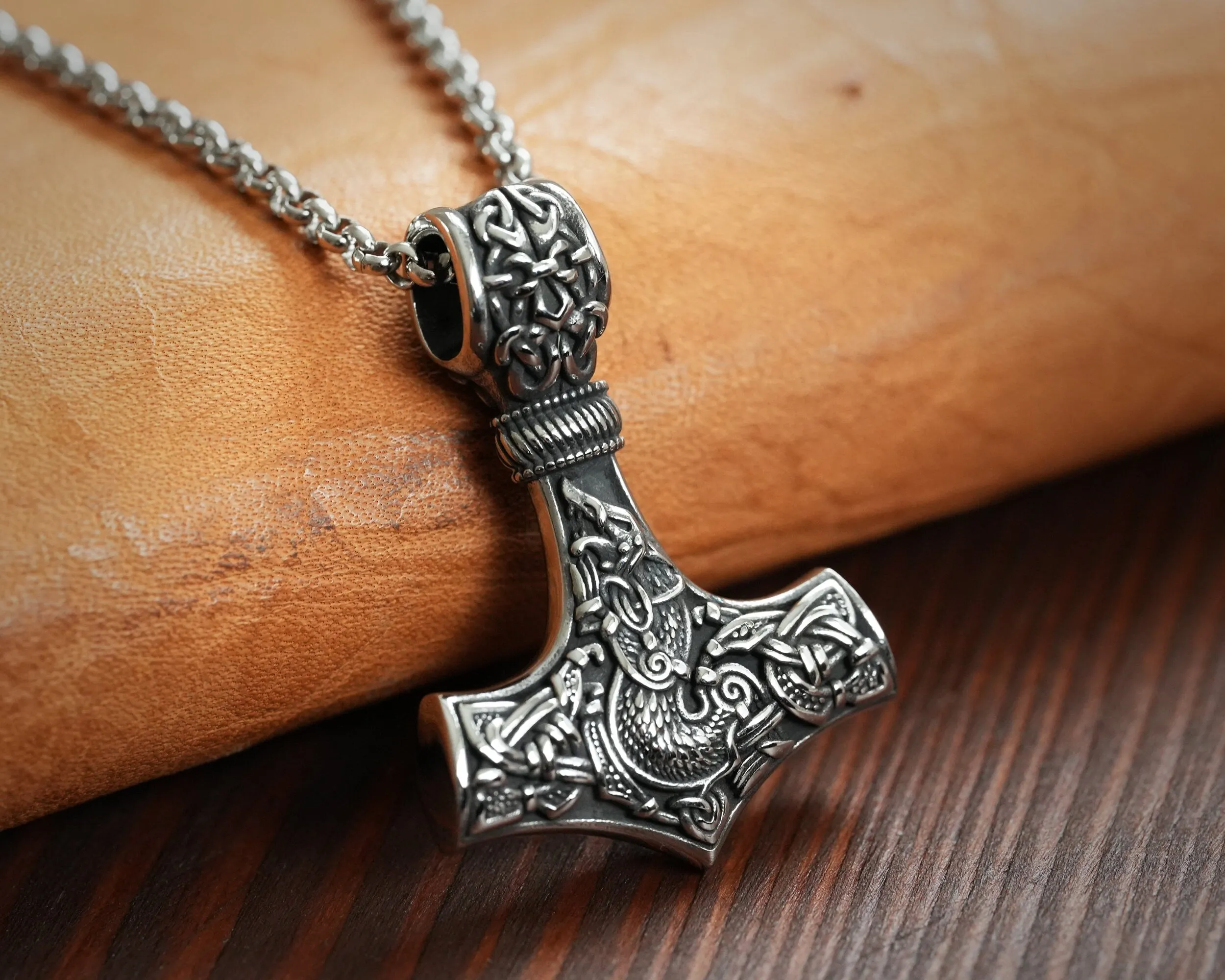 925 Sterling Silver Viking Wolf Fenrir Thor Hammer Thors Mjölnir Mjolnir Necklace Pendant