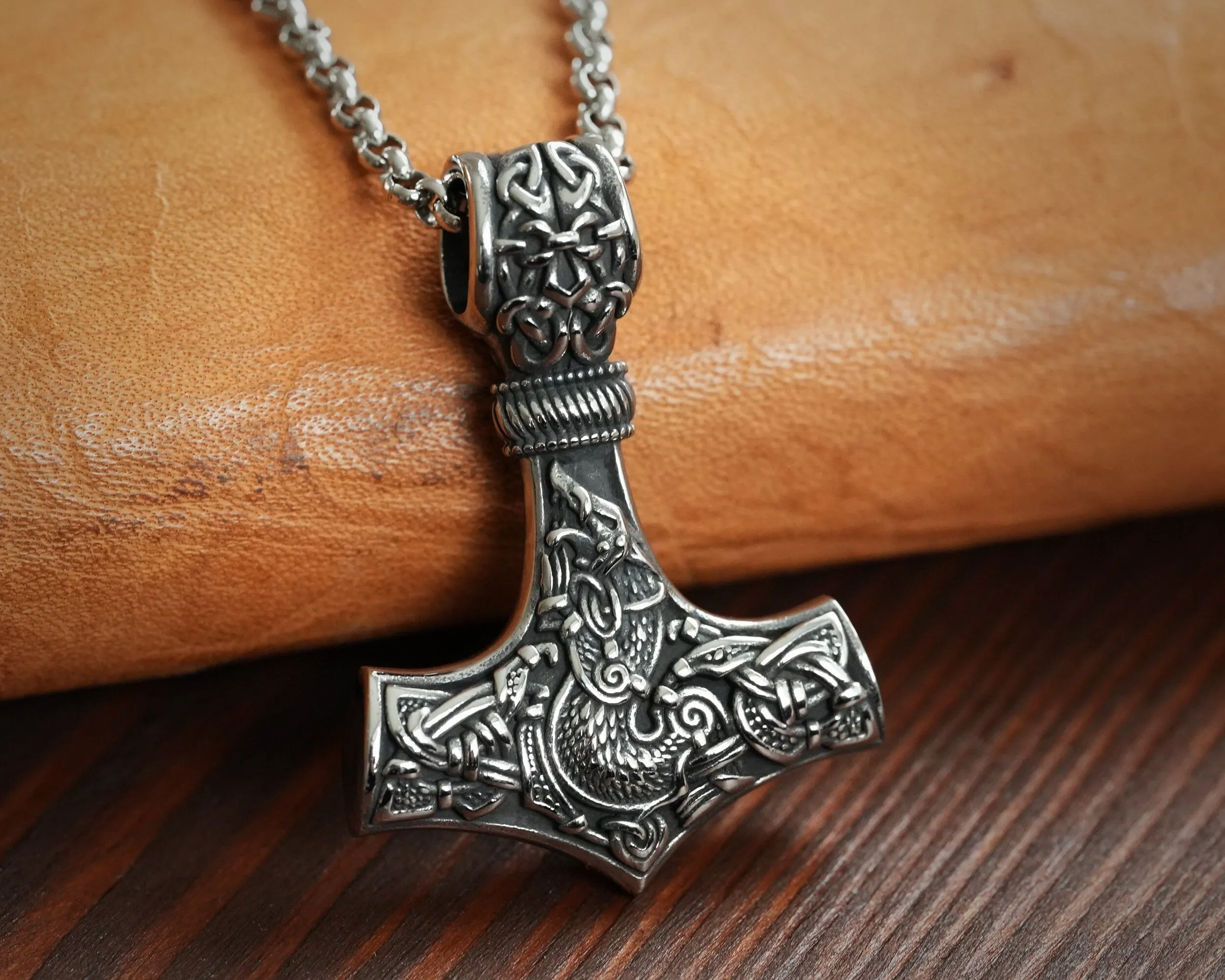 925 Sterling Silver Viking Wolf Fenrir Thor Hammer Thors Mjölnir Mjolnir Necklace Pendant