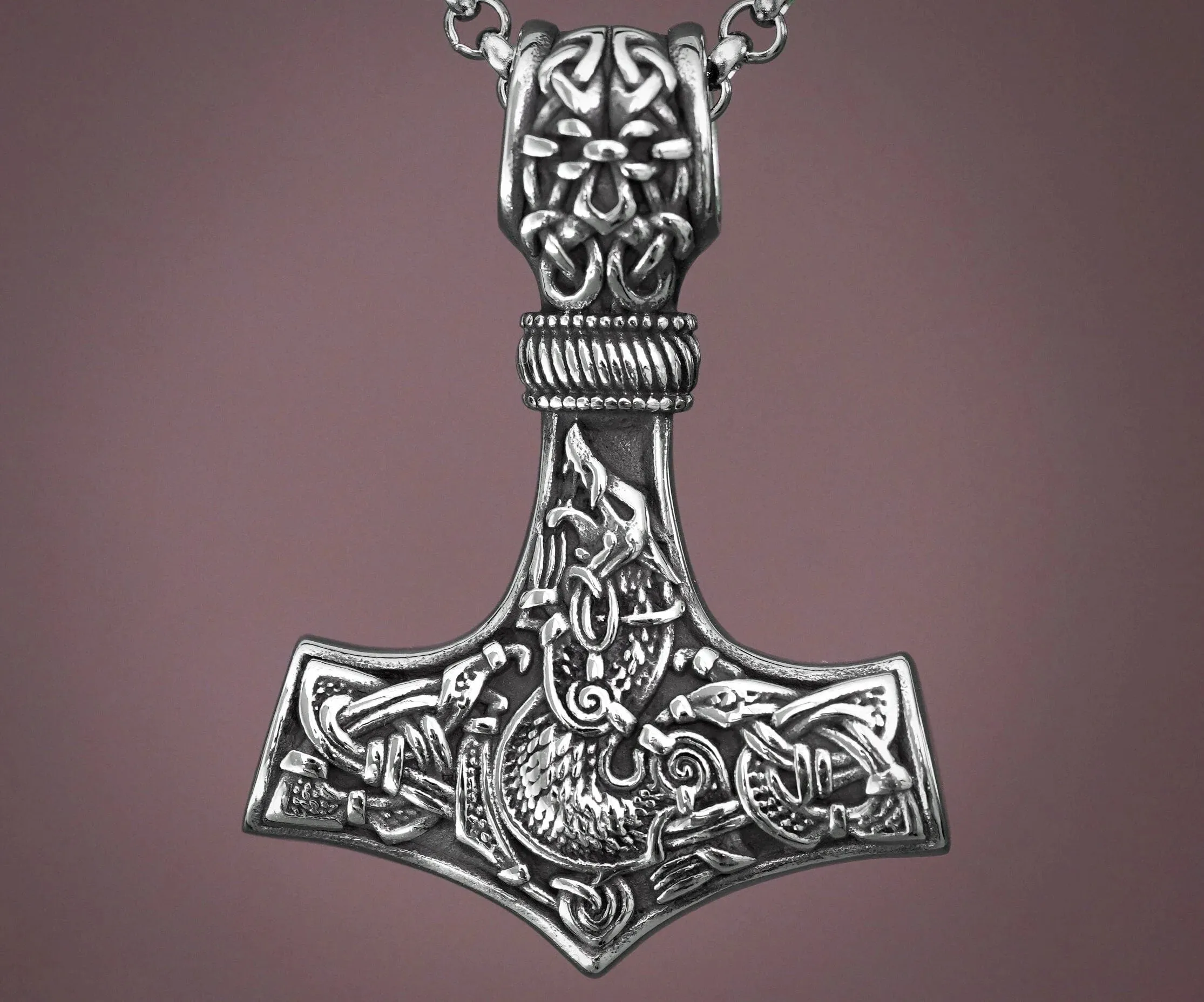 925 Sterling Silver Viking Wolf Fenrir Thor Hammer Thors Mjölnir Mjolnir Necklace Pendant