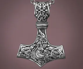 925 Sterling Silver Viking Wolf Fenrir Thor Hammer Thors Mjölnir Mjolnir Necklace Pendant