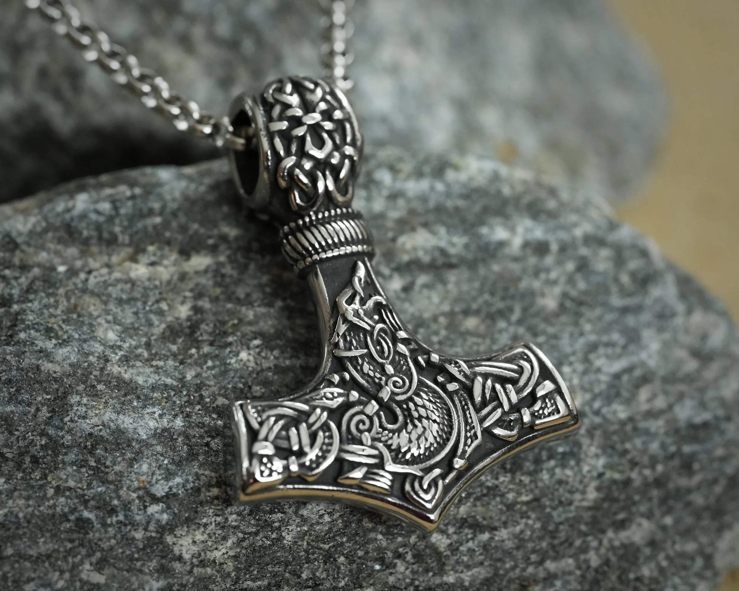 925 Sterling Silver Viking Wolf Fenrir Thor Hammer Thors Mjölnir Mjolnir Necklace Pendant