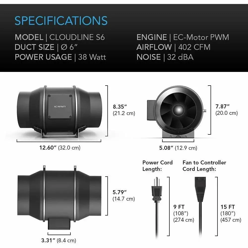 AC Infinity CLOUDLINE S6 Inline Duct Fan System with Speed Controller, 6"