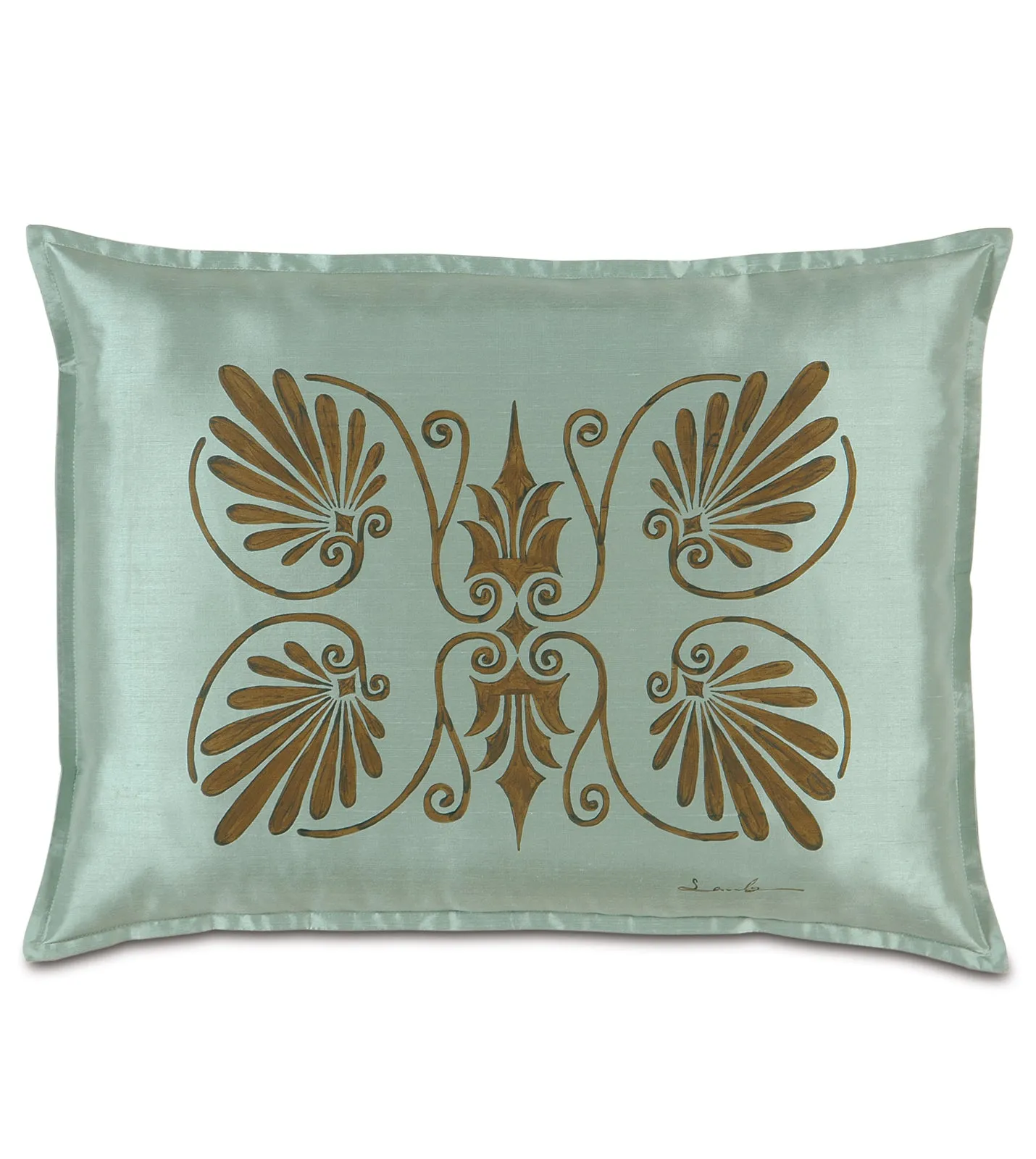 Anthemion Hand-Painted Teal Silk Standard Sham 20x27