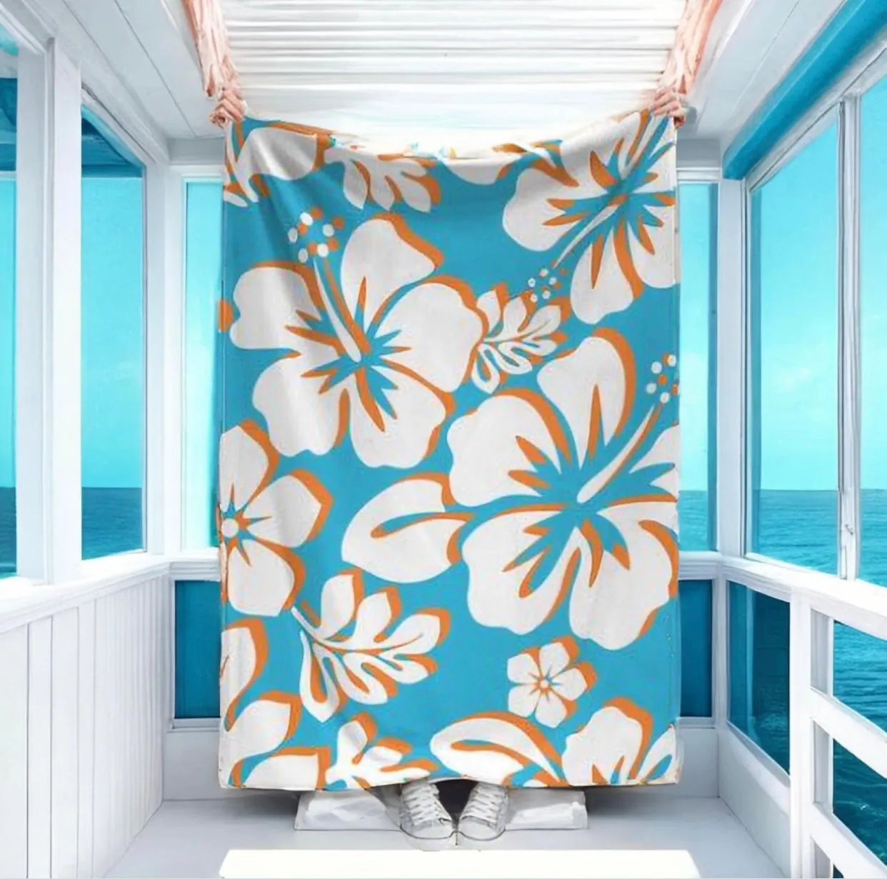 Aqua Blue, Orange and White Hawaiian Flowers Minky Throw Blanket