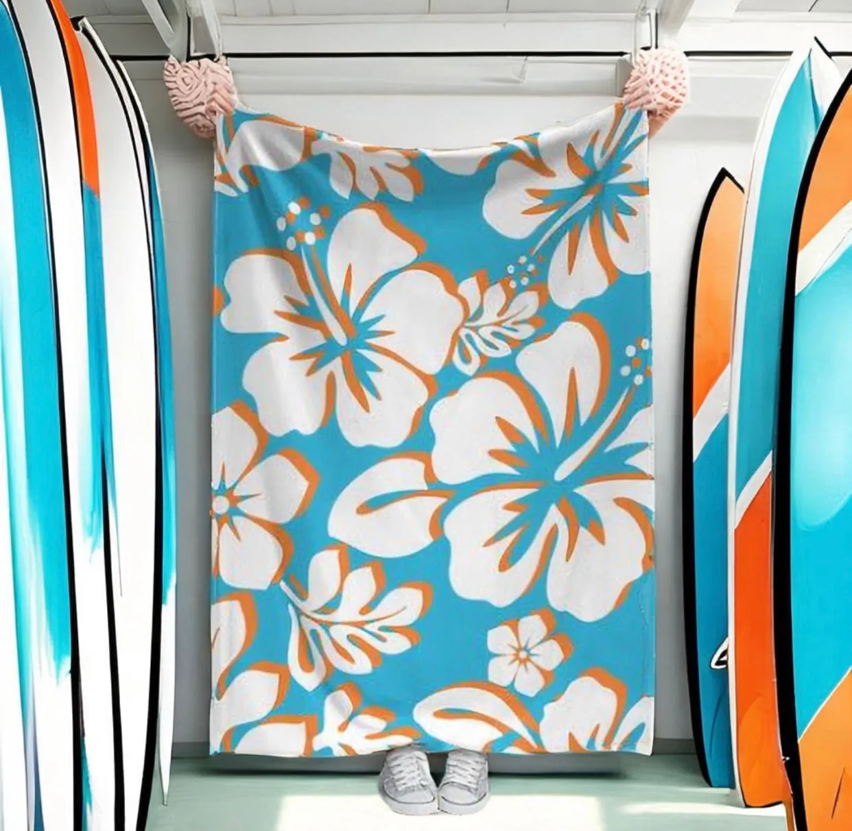 Aqua Blue, Orange and White Hawaiian Flowers Minky Throw Blanket