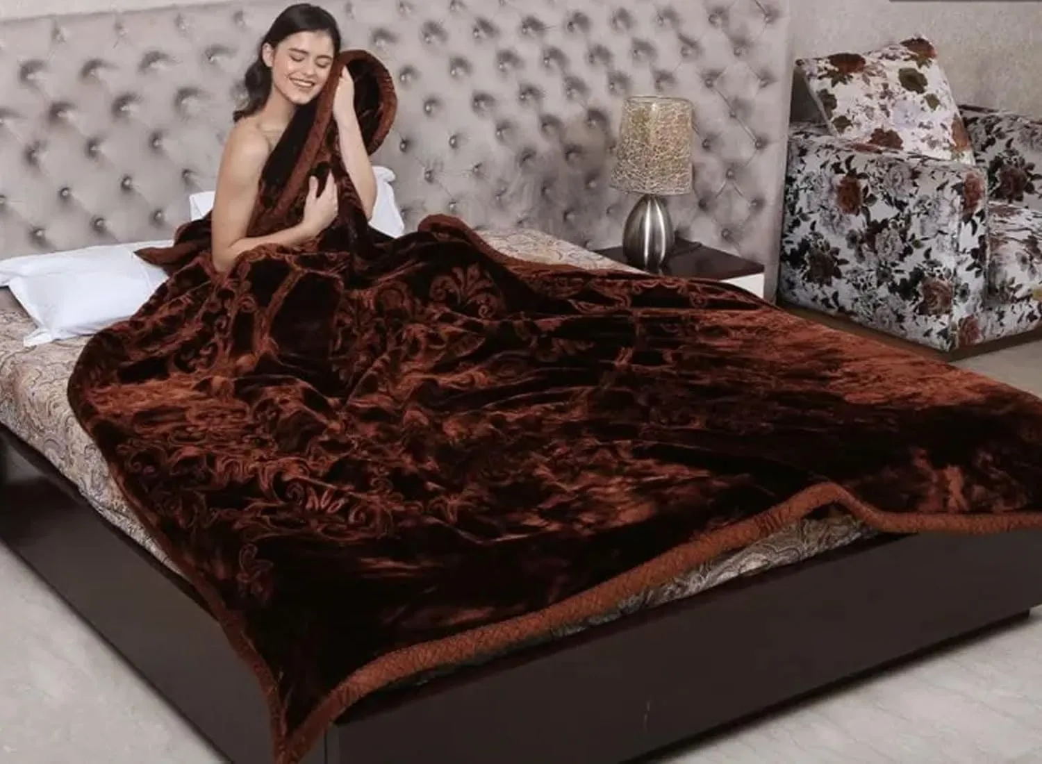 ARIVETS 500 TC Mink Floral Embossed Soft Heavy Double Bed Velvet AC Blanket for Winter Mink Blankets for Winter, Lightweight Kambal (Brown, Double Bed -85x85 Inch)