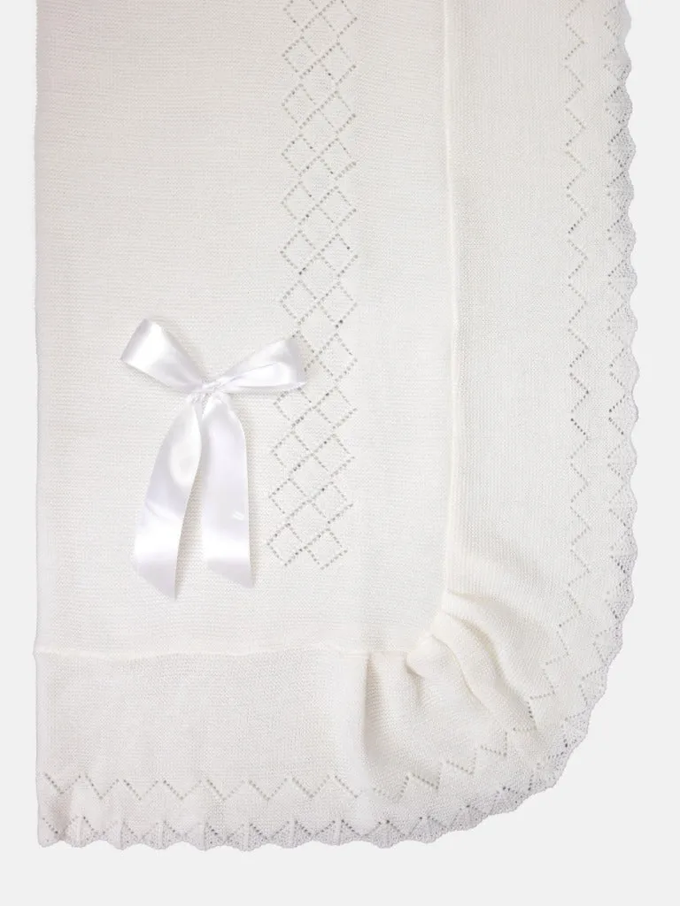 Baby Diamond Knitted Spanish Blanket with Satin Bow-White