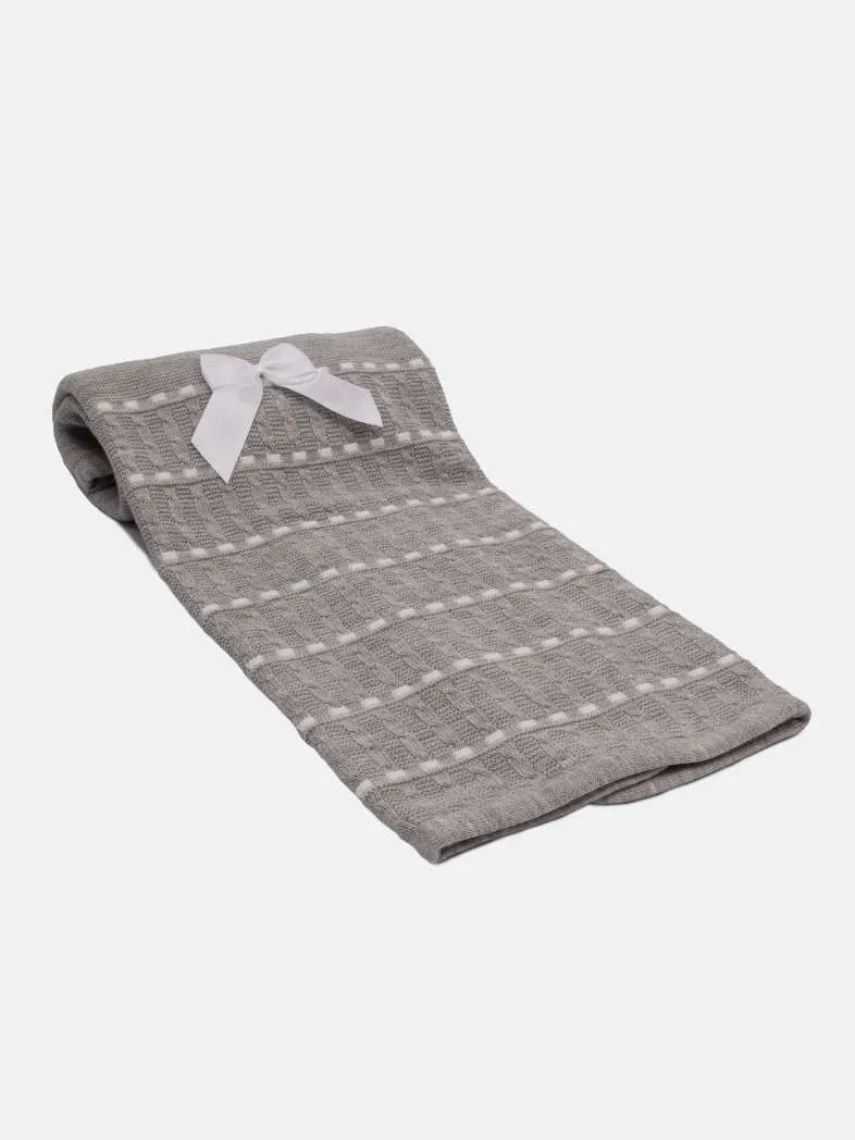 Baby Dotted Stripe Knitted Spanish Blanket with Satin Bow-Grey