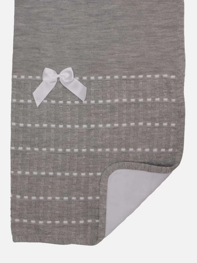 Baby Dotted Stripe Knitted Spanish Blanket with Satin Bow-Grey