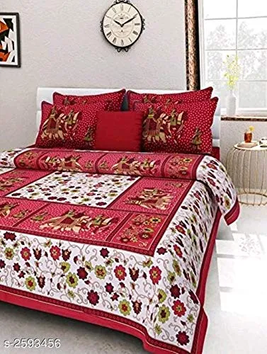 BedZone Cotton Rajasthani Jaipuri Checkered King Size bedsheets Combo Double Bed Set 2 Double Bedsheet with 4 Pillow Cover (Multicolor)