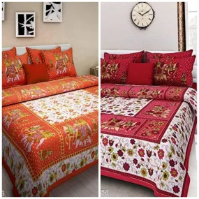 BedZone Cotton Rajasthani Jaipuri Checkered King Size bedsheets Combo Double Bed Set 2 Double Bedsheet with 4 Pillow Cover (Multicolor)