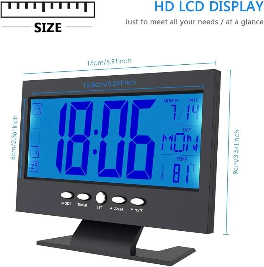 (Black) Digital LCD Clock with Calendar, Temperature Sensor, Alarm for Table and Study Desk Clock Watch |