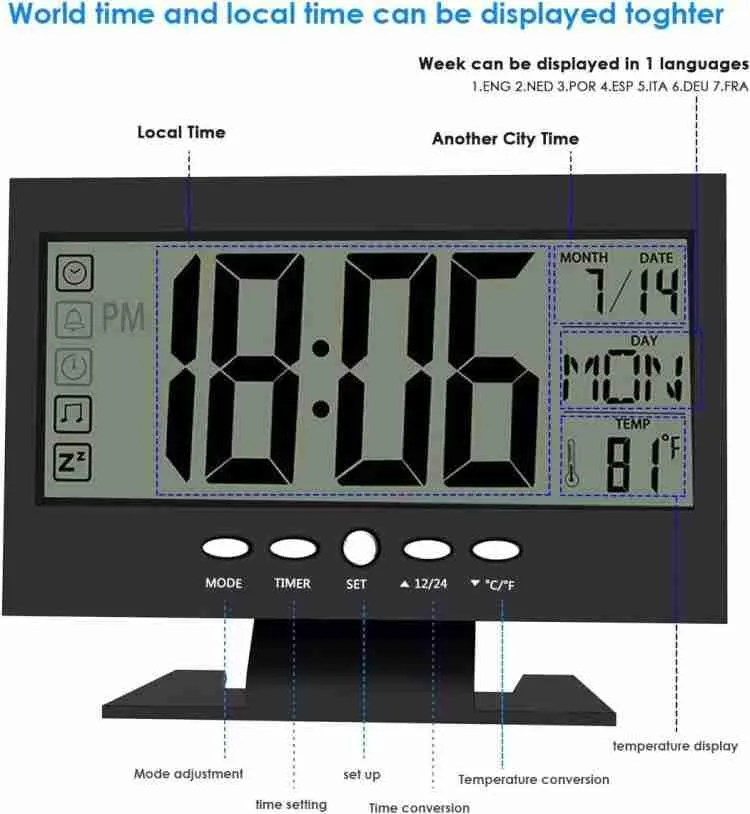 (Black) Digital LCD Clock with Calendar, Temperature Sensor, Alarm for Table and Study Desk Clock Watch |