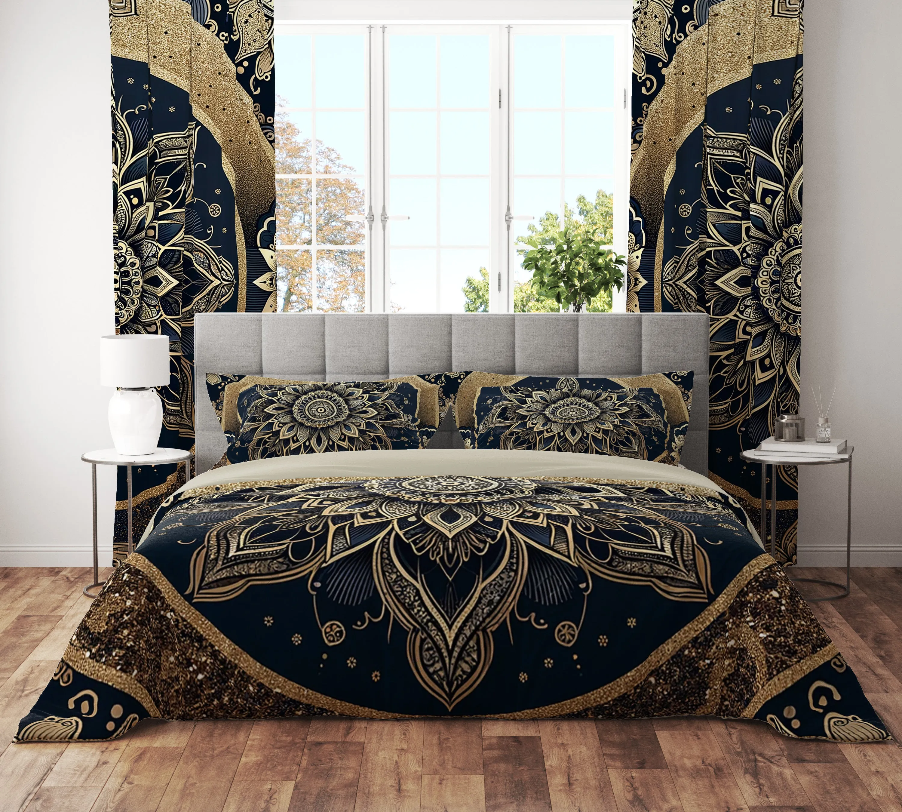 Black Gold Lotus Mandala Reversible Quilt Cover Duvet Cover Set