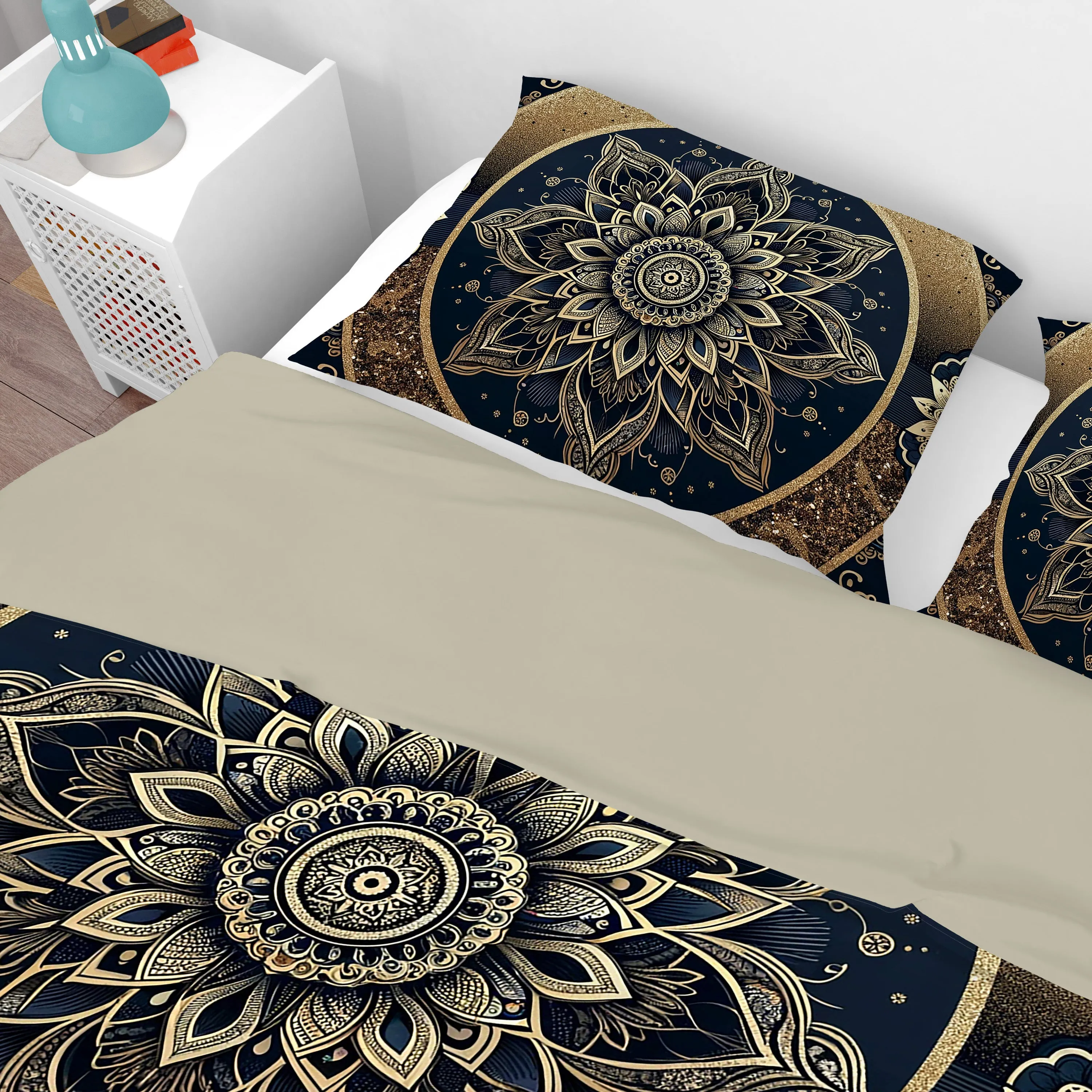 Black Gold Lotus Mandala Reversible Quilt Cover Duvet Cover Set