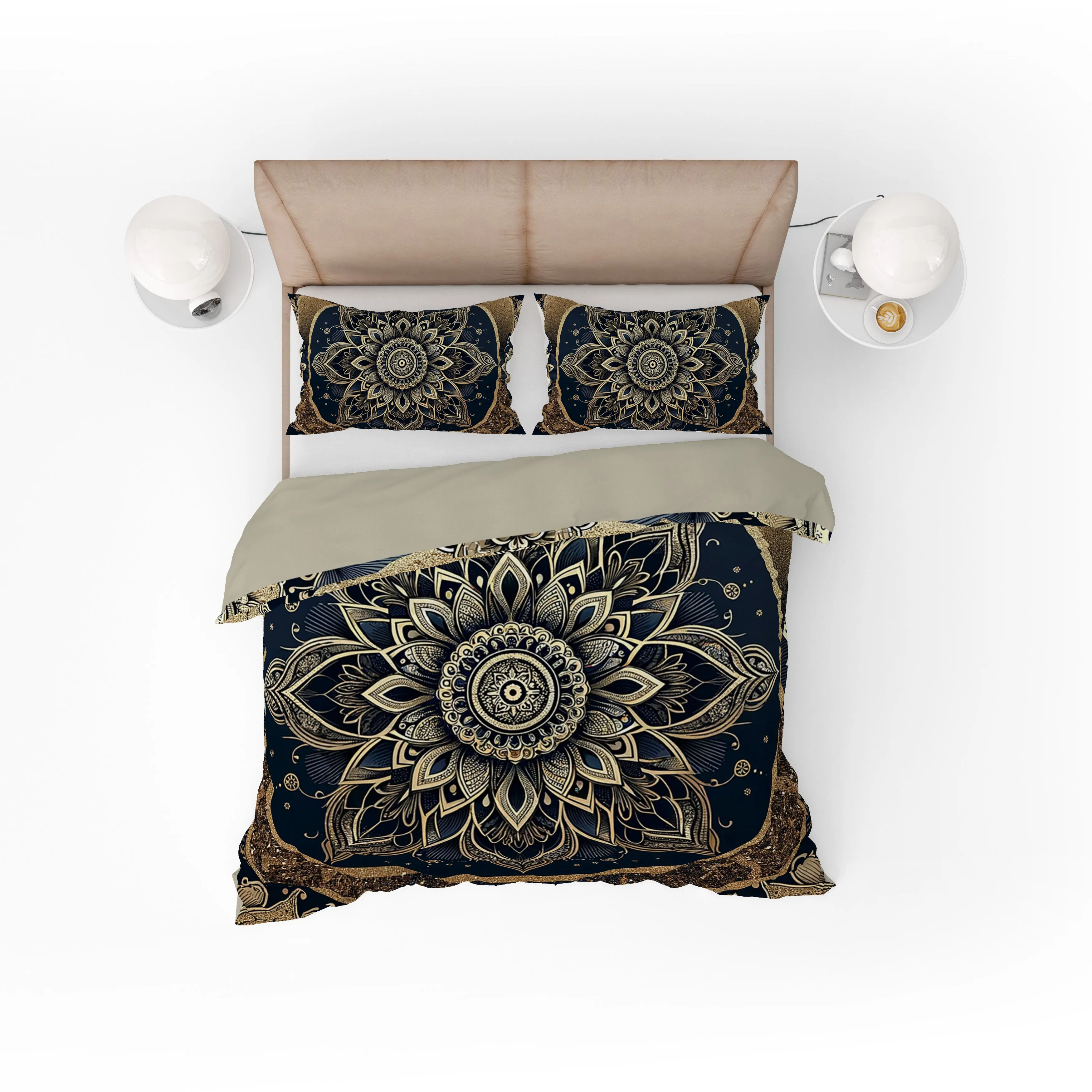 Black Gold Lotus Mandala Reversible Quilt Cover Duvet Cover Set