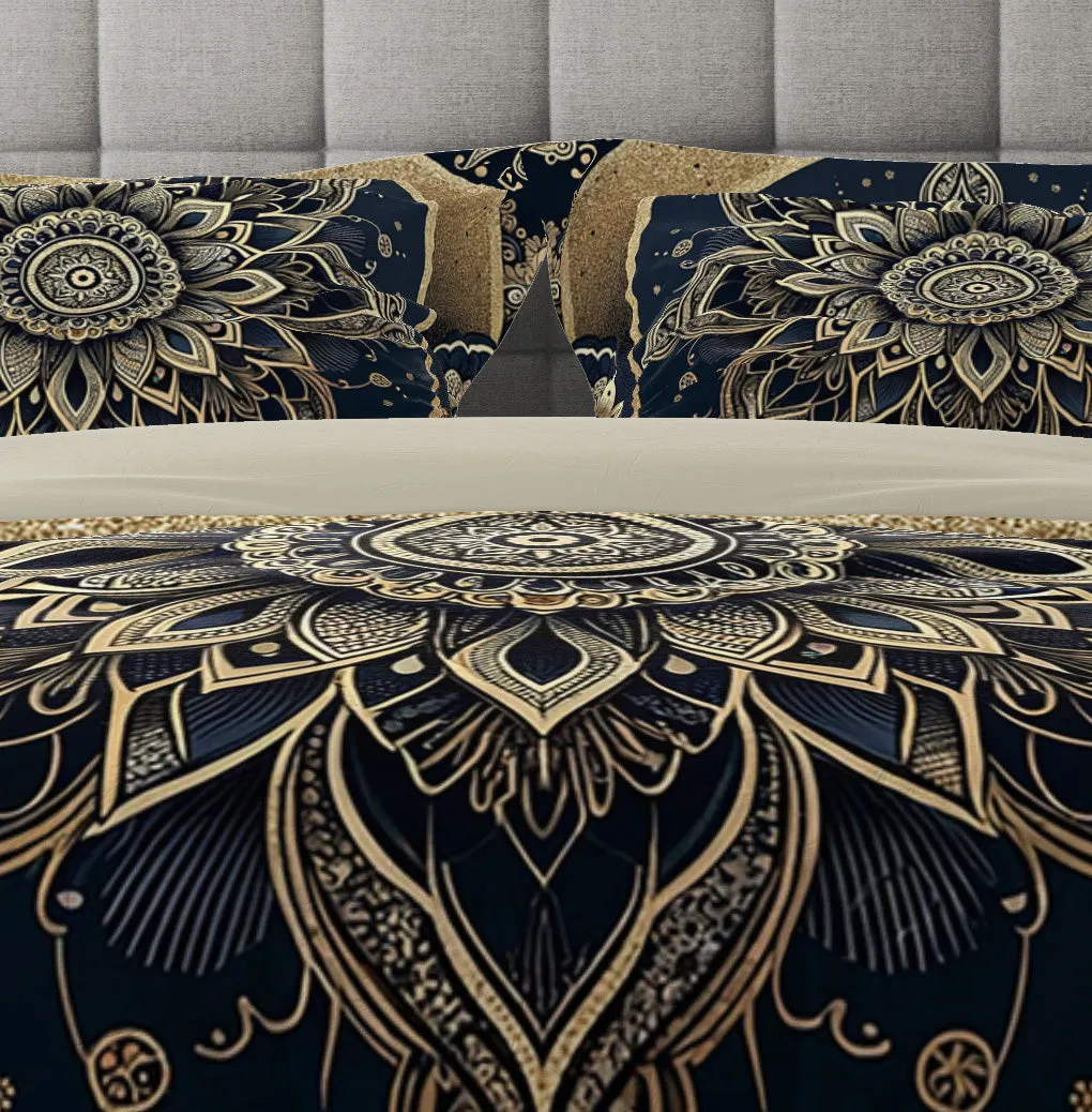 Black Gold Lotus Mandala Reversible Quilt Cover Duvet Cover Set