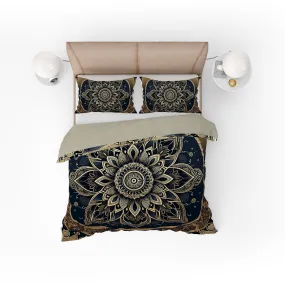 Black Gold Lotus Mandala Reversible Quilt Cover Duvet Cover Set