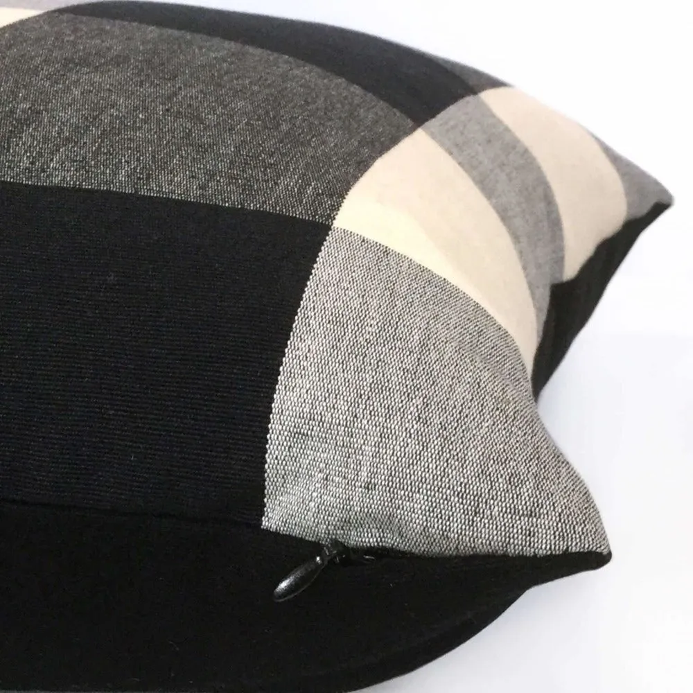 Black Gray Cream Buffalo Plaid Large Checks Pillow Cover