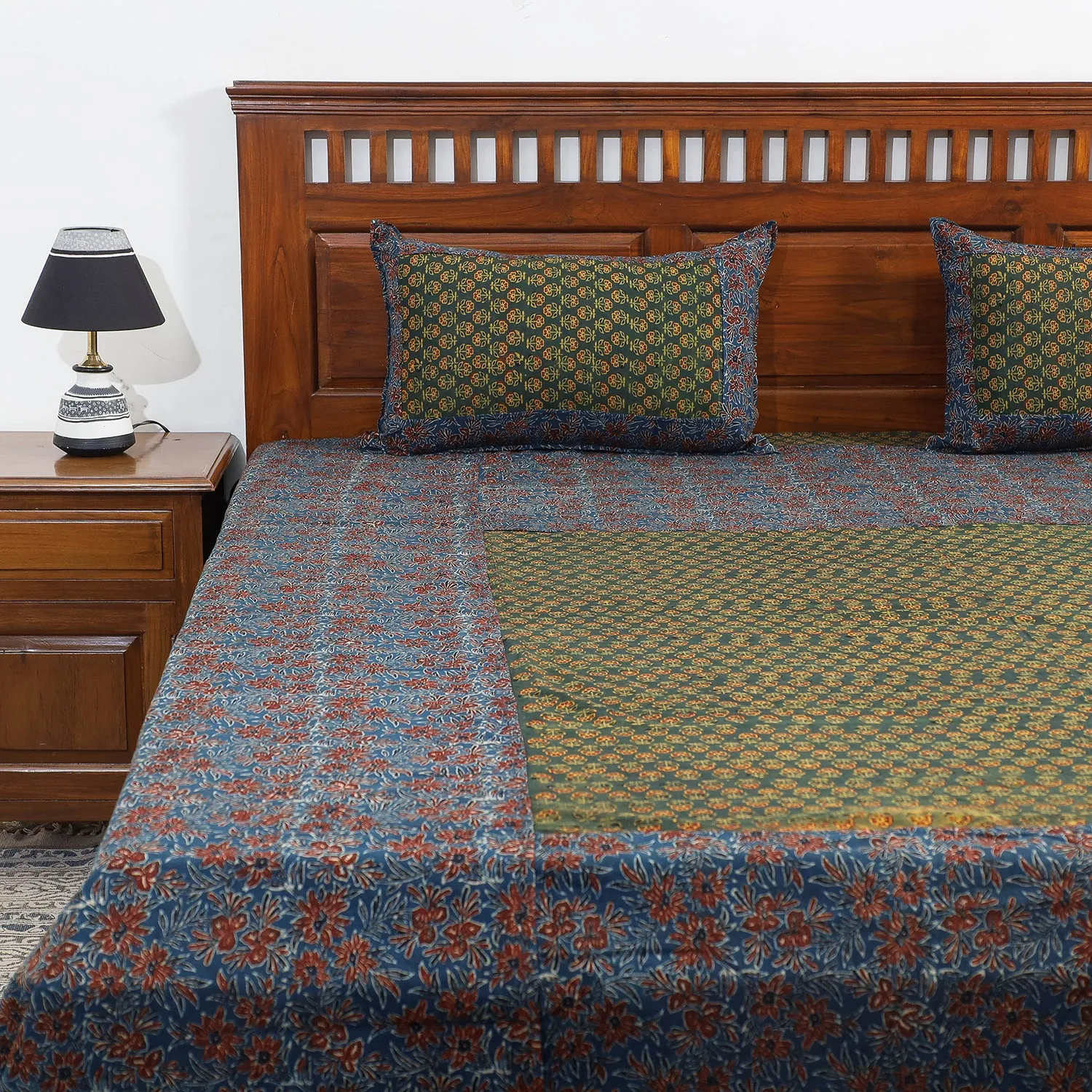 Blue - Ajrakh Patch Tukdi Kaam Cotton Double Bed Cover with Pillow Covers (109 x 86 in)