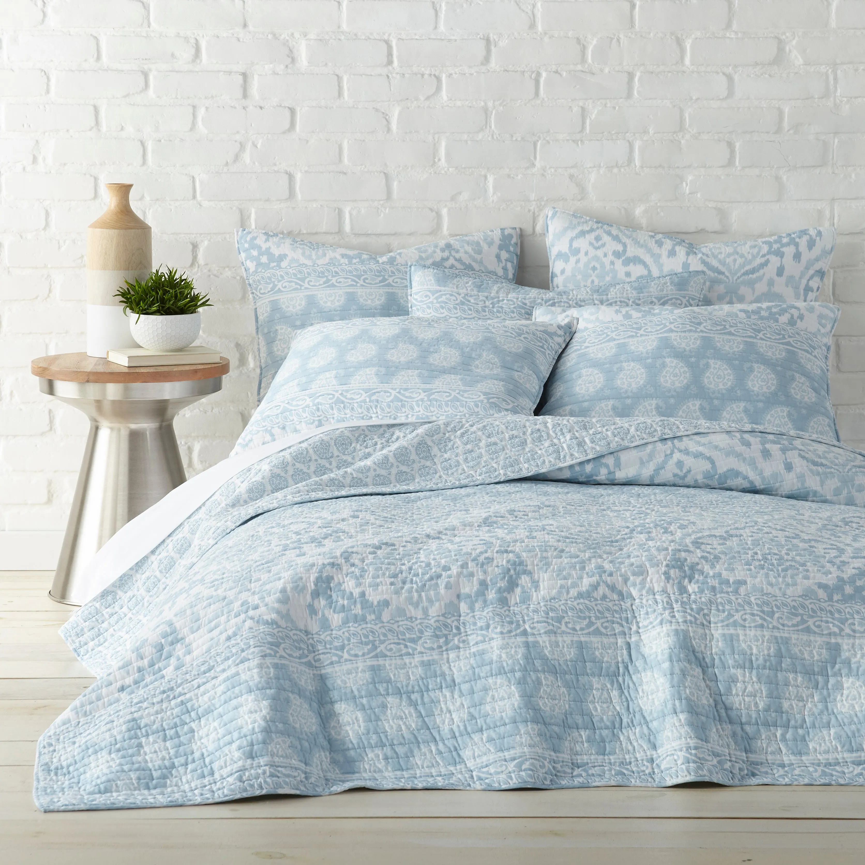 Blue Cotton Quilted York Coverlet Bedcover Set Available in 4 Sizes