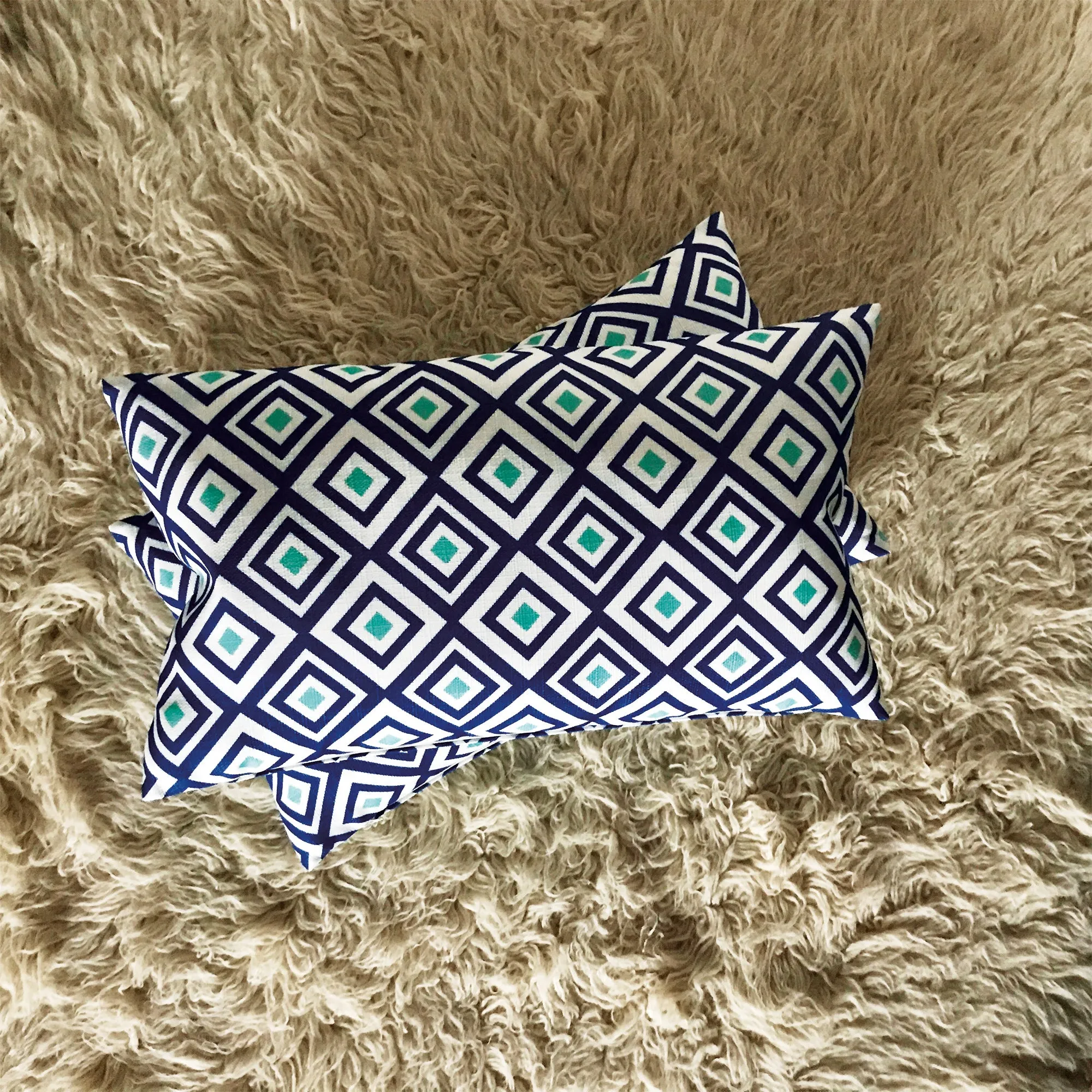 Blue Teal Diamond Geometric Luxury Lumbar Pillow Cover 15x26