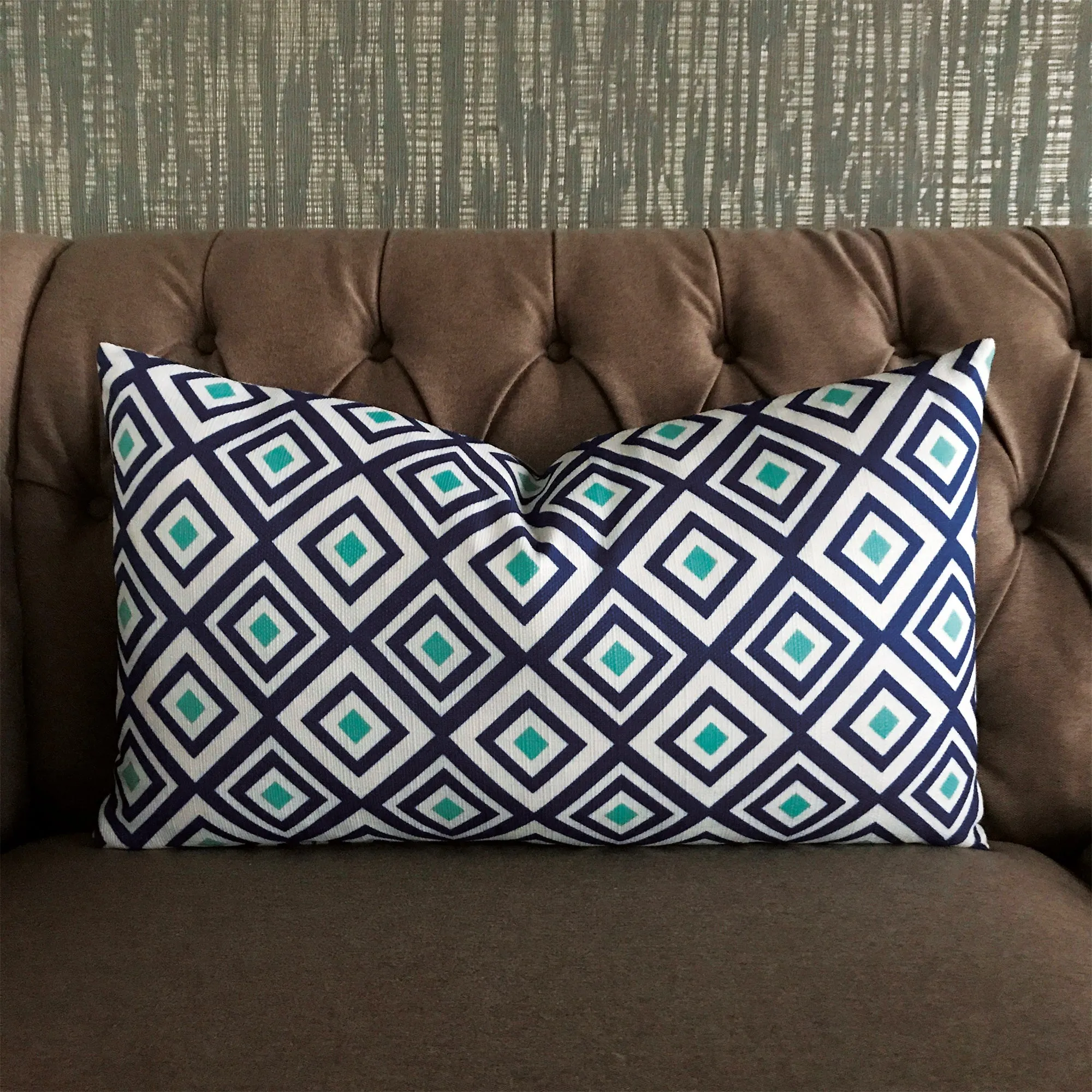 Blue Teal Diamond Geometric Luxury Lumbar Pillow Cover 15x26